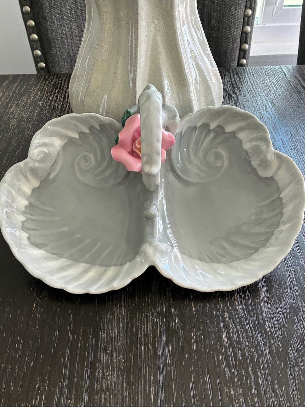Ceramic Two-Section Serving Dish with Pink Rose Accent